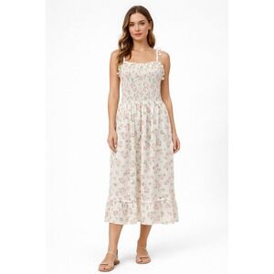 Draper James Floral Smocked Midi Dress XL Cream Pink Cotton Modal Tie Strap